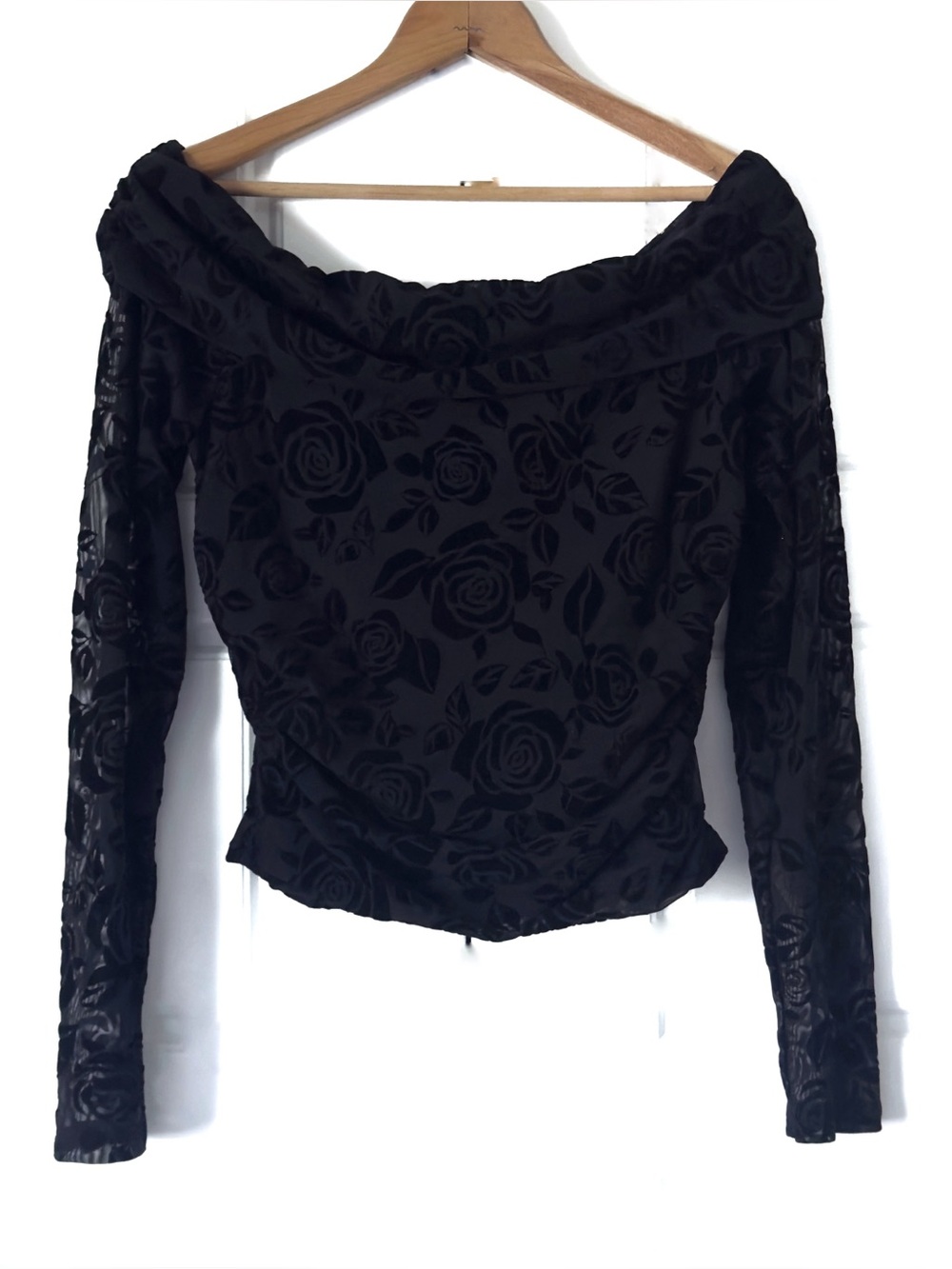 Floral Burnout Velvet Top Women L Black Off Shoulder Crop Mesh Whimsigoth Gothic